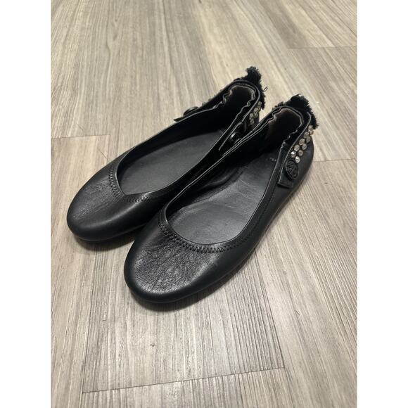 Tory Burch Minnie Two Way Ballet Flats Embellished Black Leather Size 8.5 - Picture 1 of 5